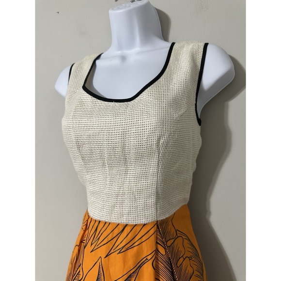 DELFINA BALDA Size S Tropical Leaf Dress Orange Waffle Knit Top Linen Resort USA - Picture 2 of 7